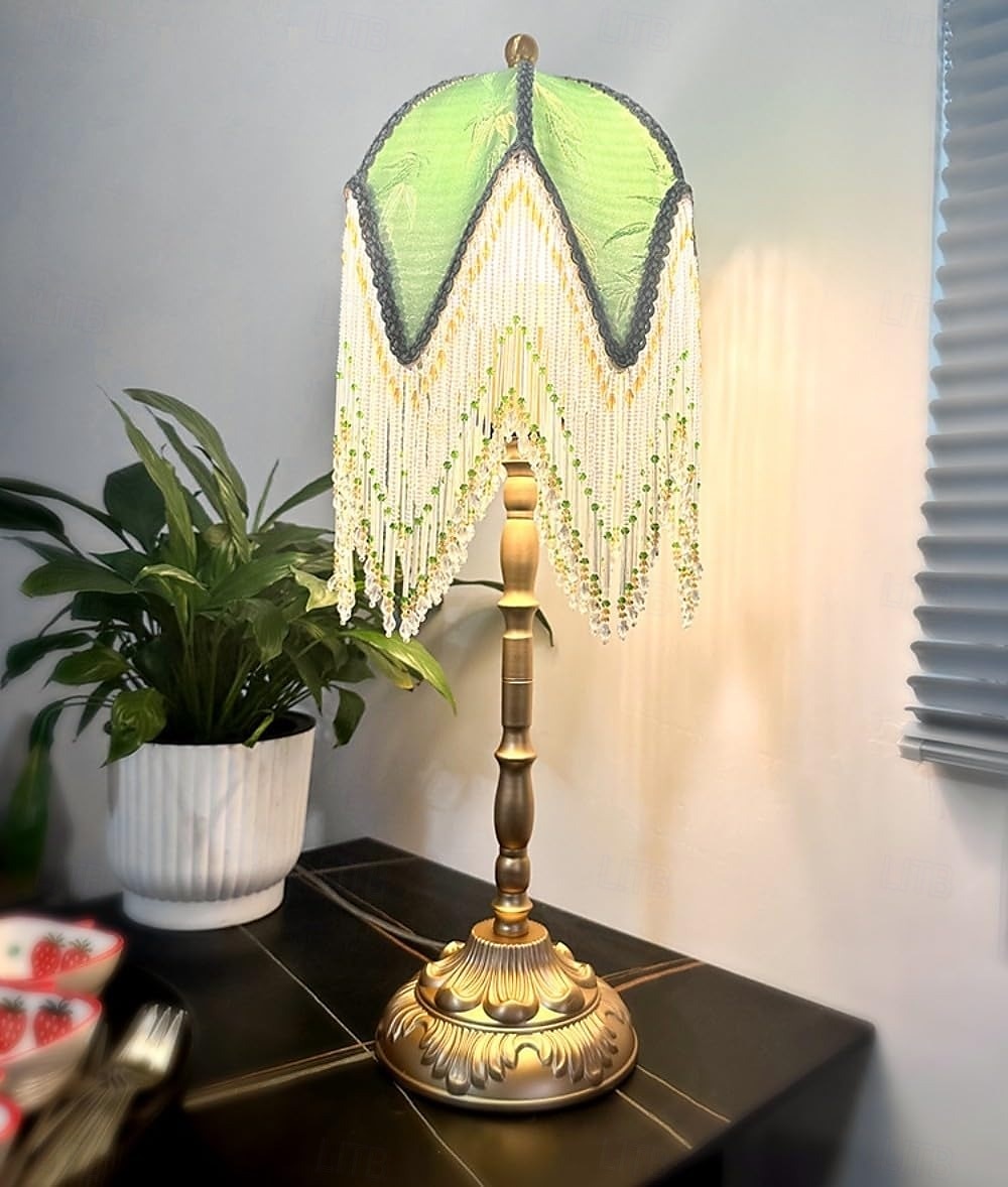 LED Table Lamp 3-Color Light Source Tassel Retro Fabric Bedside Lamp Premium Classic Victorian Style Nightstand Lamp with Beaded Fringe Trim for Bedroom Study 110-240V 2025 - $220.79 –P1