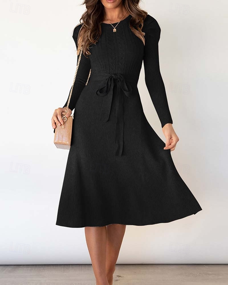 Damen Pullover Kleid Modisch elegante kleider Feste Farbe Gerippt Rundhalsausschnitt Strick Langarm Normale Oberteile Stricken Arbeit Täglich Schwarz Grün Herbst Winter 2025 - $62.99 –P1