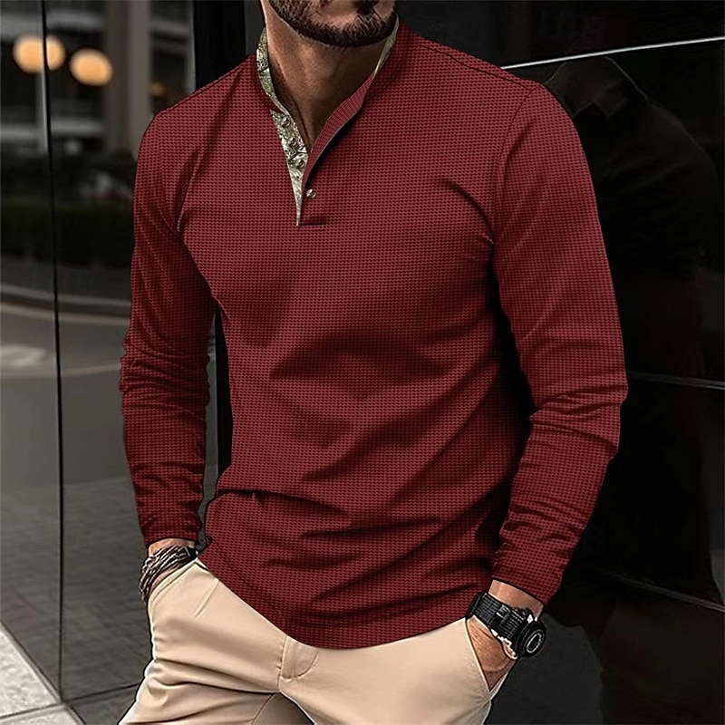 Herren Waffel-Poloshirt Golfhemd Arbeit Casual Ständer Langarm Basic Modern Farbblock Patchwork Taste Frühling & Herbst Regular Fit Schwarz Weiß Wein Marinenblau Dunkelgrau Armeegrün Waffel-Poloshirt 2025 - $20.99 –P3
