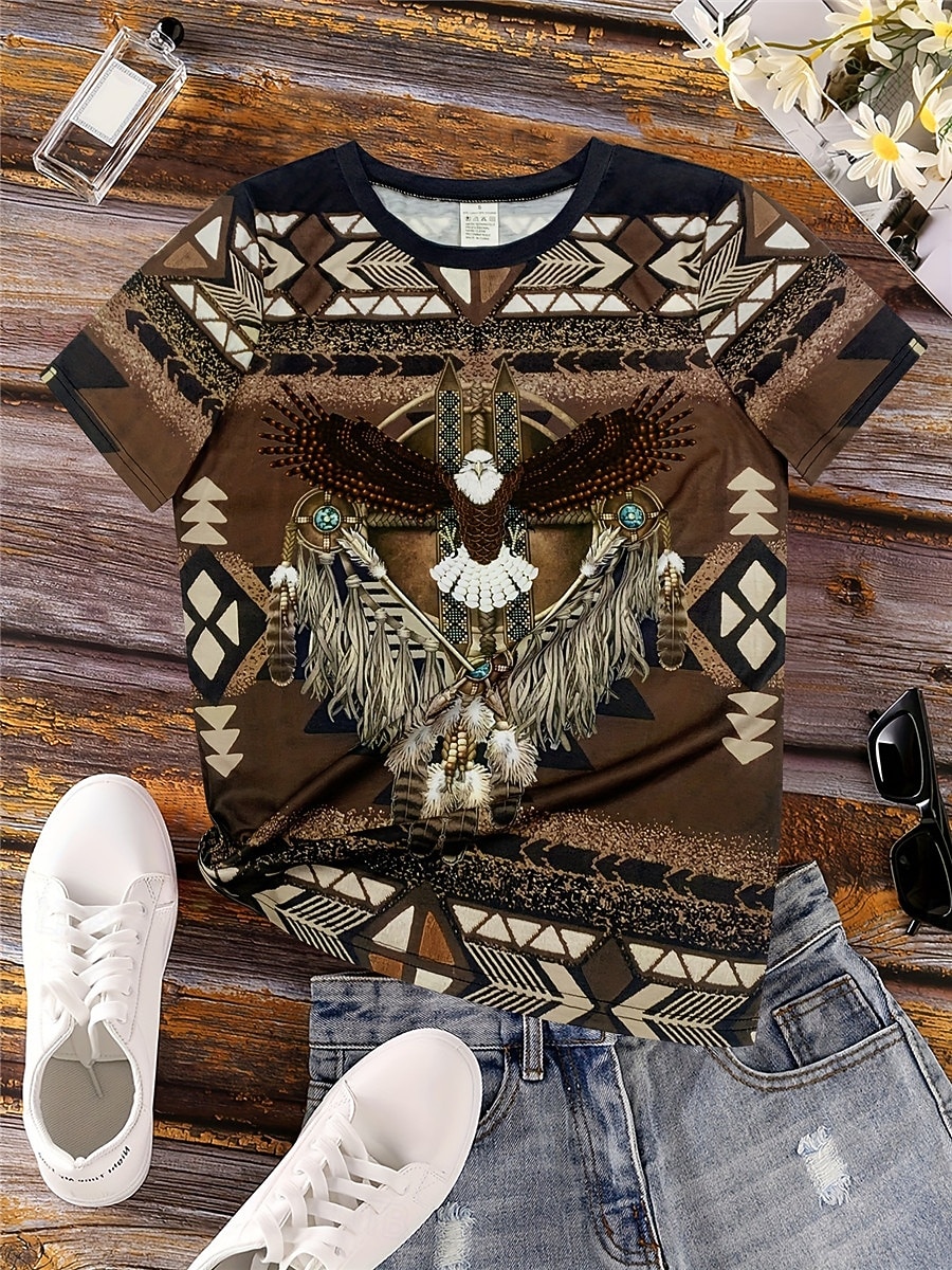 kvinnors t-shirt vintage etniska casual tryck kortärmad vanliga toppar semester brun sommar 2026 - $22.99 –P2