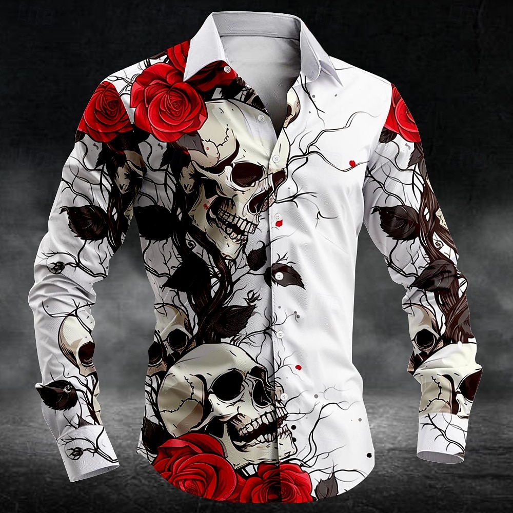 Men's Rose Skull Button Up Shirt Long Sleeve Casual Dark Party Evening Wear Daily Fall Winter Spring & Summer Shirt Collar Button Up 3D Print Black White Blue Purple Green 2025 - $26.99 –P1