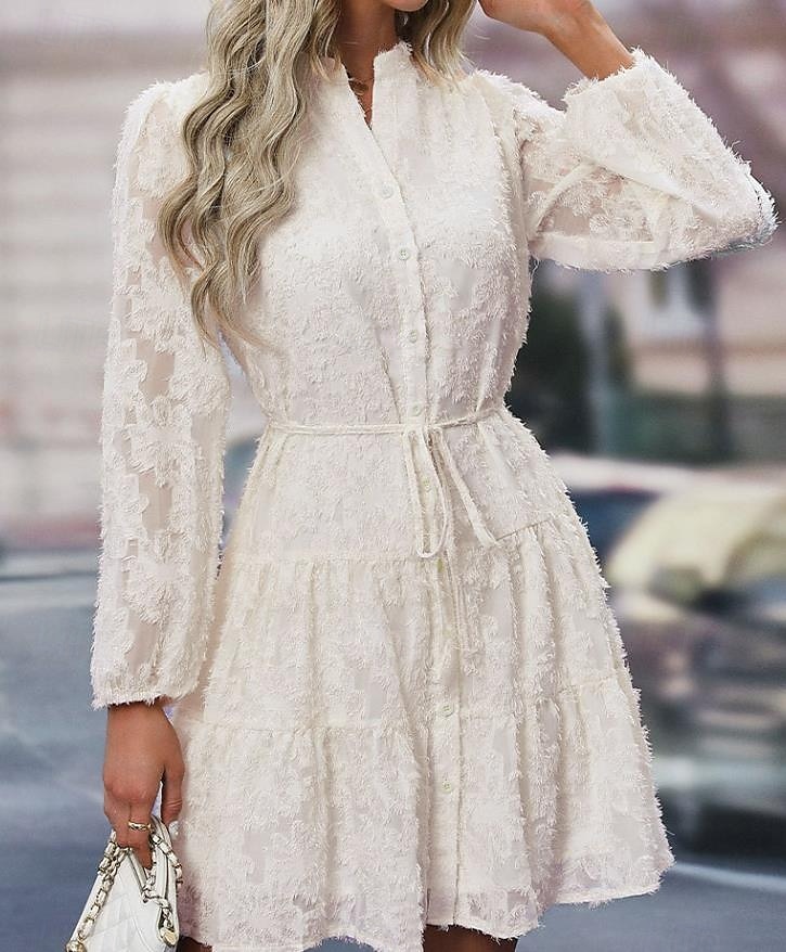 Per donna Abito semplice Vestito longuette Pizzo Pulsante Vintage Informale Colletto Manica lunga Nero Bianco Verde Colore del 2025 a $41.99 –P8