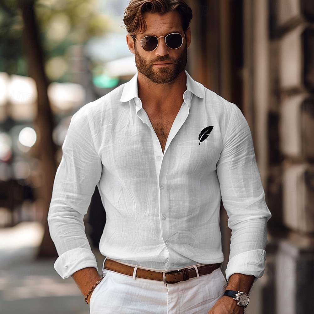 Voor heren linnen overhemd Blad Buiten Vakantie Wit Blozend Roze Groen Grijs Lange mouw Kraag Lente & Herfst Kleding Dichtknopen 2025 - $25.99 –P2