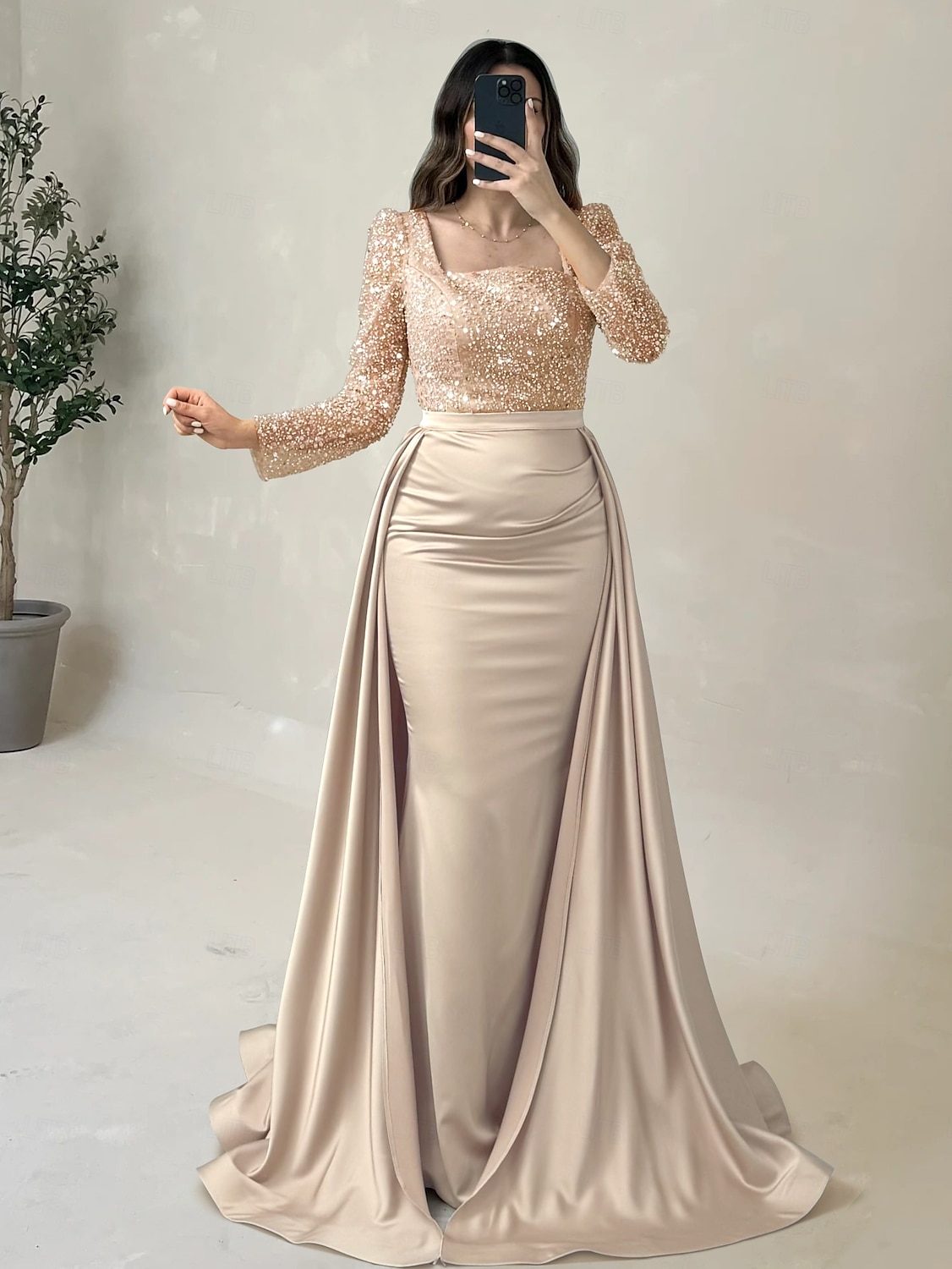 Meerjungfrau Abendkleid Elegantes Kleid Formelles Bodenk Länge Langarm Illusion-Ausschnitt Champagner Mutter der Braut Kleid Pailletten mit Perlen Überrock 2025 2025 - $230.99 –P5