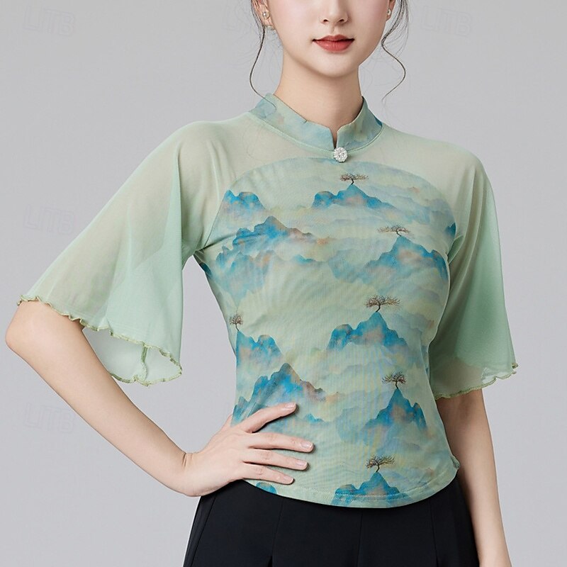 Latinské tance Vrchní deska Barevně dělené Tyl Dámské Výkon Trénink Poloviční rukáv Vysoký Polyester 2025 - $29.99 –P3