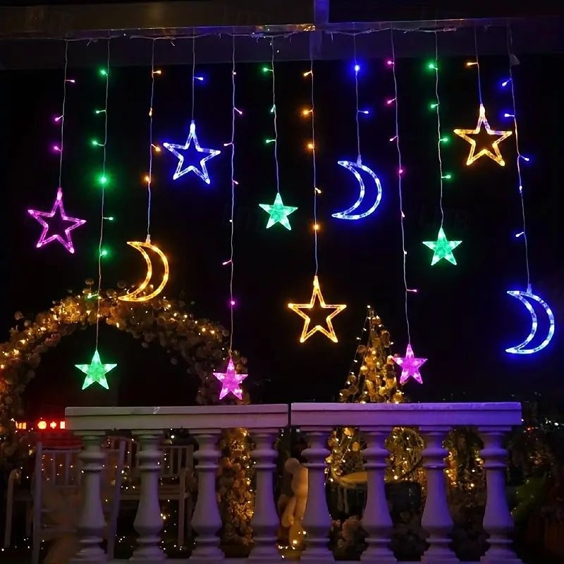 Rideau lumineux en forme d'étoile et de lune avec télécommande, 3,5 m, 138 LED, 8 modes, pour mariage, fête de Noël, extérieur, étanche, pour tente, chambre à coucher, salon, balcon, fenêtre, de 2025 ? $55.99 –P9