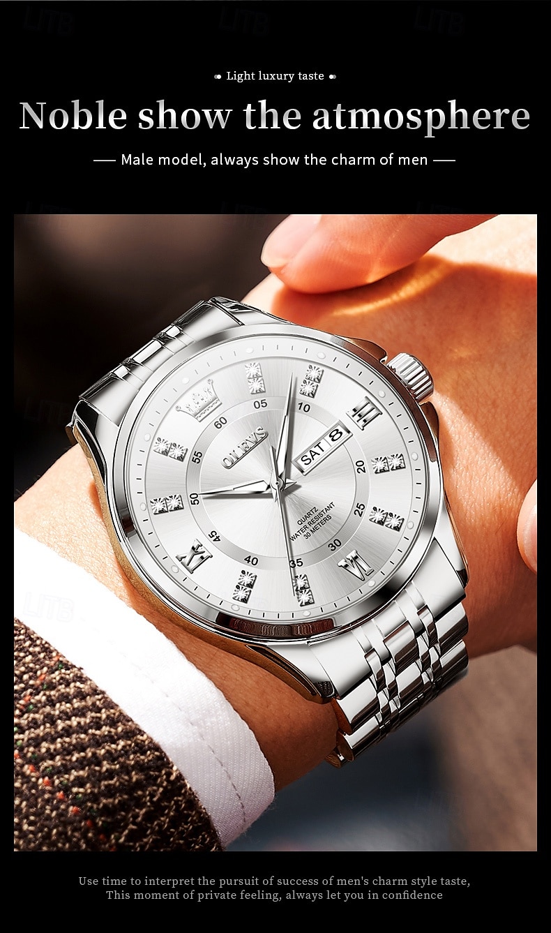 OLEVS 3620 Men Watch Stainless Steel Business Dual Calendar Waterproof Quartz Watch Luxury Brand Diamond Men Watch 2024 - $31.99 –P12