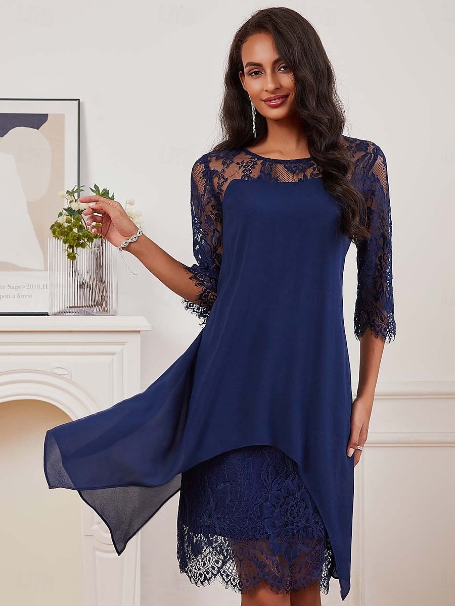 dames bruiloftsgastenjurk effen jurk midi-jurk kant chiffon patchwork casual ronde hals 3/4 mouw cocktailjurken formele jurken blauwe kleur 2025 - $59.99 –P3
