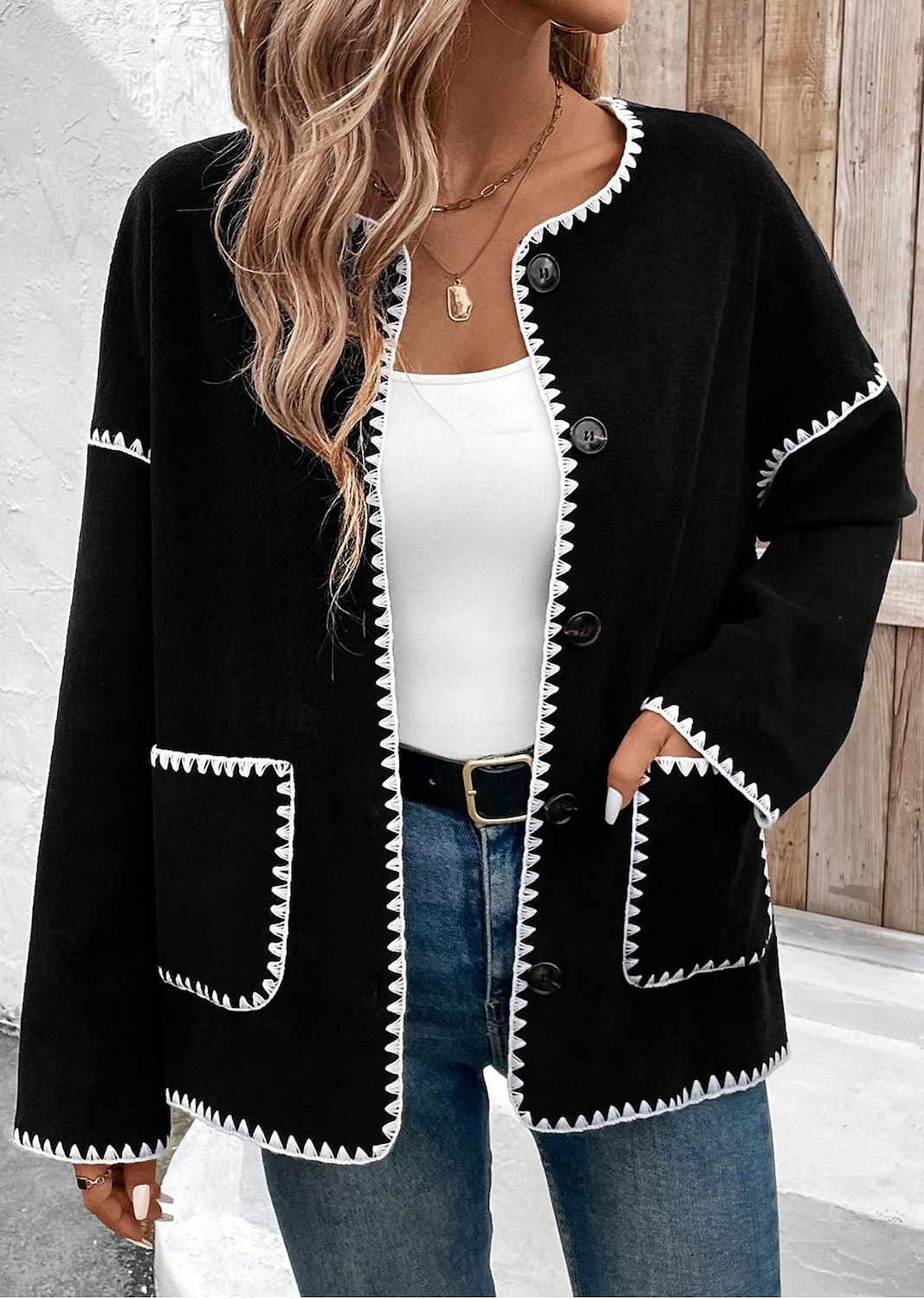 Women's Jacket Party Pocket Solid Color Windproof Fashion Loose Fit Outerwear Long Sleeve Fall Black S 2025 - $52.99 –P1