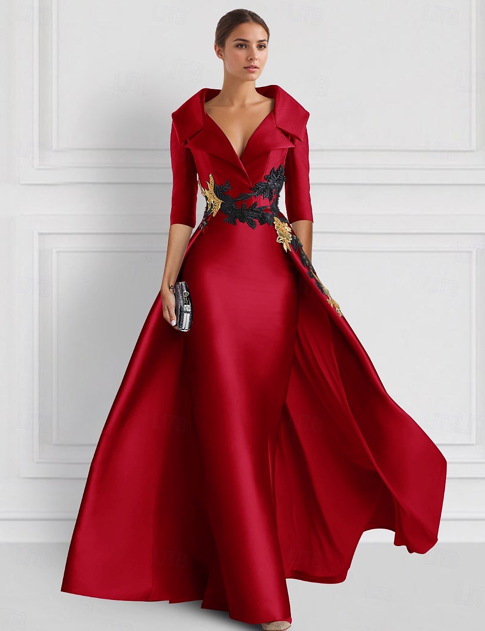 Röd A-Linje Vintage Broderad Kvällsklänning Elegant Klänning Tuxedoklänning Formell Golvlängd 3/4 Längd Ärmar Skjortkrage Siden med Applikationer 2025 2025 - $142.99 –P1