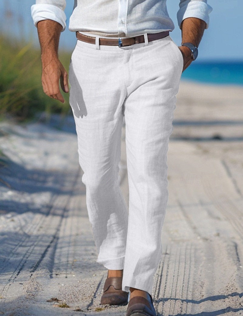 Men's Linen Pants Trousers Dress Pants Summer Pants Beach Pants Straight Leg Plain Comfort Outdoor Casual Daily Streetwear Stylish White Navy Blue 2026 - $28.99 –P12
