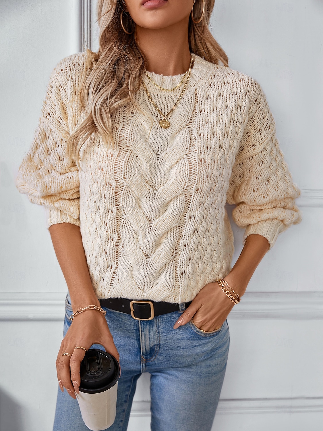 Per donna Felpa Moda Tinta unica Grosso Girocollo Intrecciato Manica lunga Maglie lunghe Maglia Ufficio Bianco Beige Autunno Inverno del 2025 a $51.99 –P3