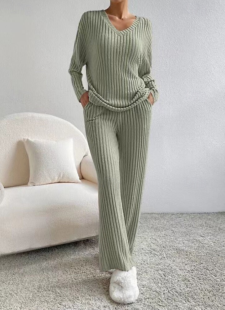 Women's Loungewear Pajama Set Simple Home V Neck Long Sleeve Pullover Pant Spring Fall Black Blue Home Outfits 2025 - $33.99 –P2
