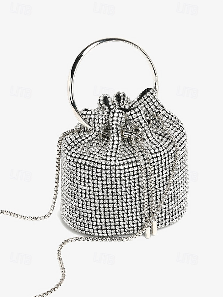 Women's Sparkling Silver Rhinestone Bucket Bag with Metal Ring Handle | Glamorous Accessory for Evening Parties and Special Occasions 2025 - $42.99 –P3
