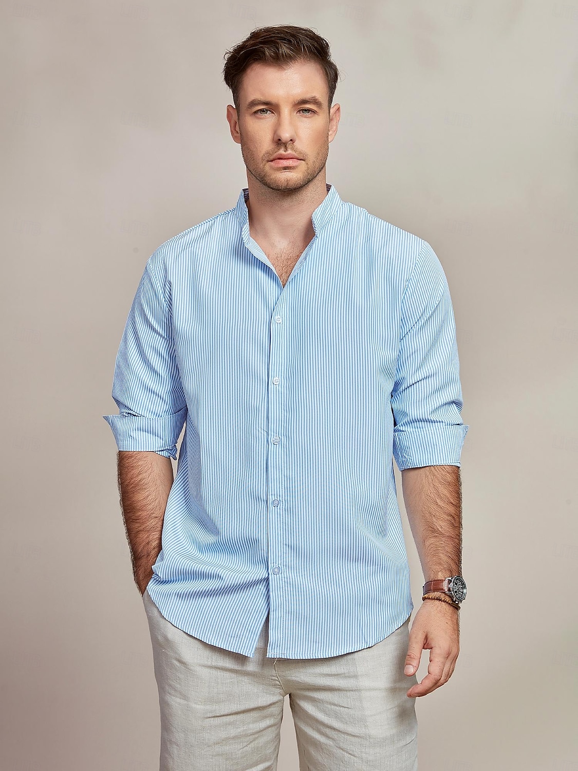 Herren Hemd Hemd mit Stehkragen Sommerhemd Strandbekleidung Knopfhemd Lässiges Hemd Blau Langarm Gestreift Ständer Hawaiianisch Festtage Bedruckt Bekleidung Baumwollmischung Modisch Klassisch 2025 - $23.99 –P3