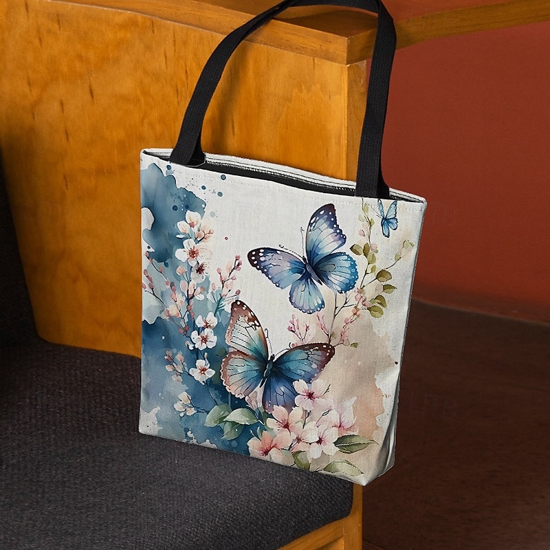 Tragetasche aus Canvas mit Schmetterlings-Print und Blumenmuster für Damen, umweltfreundlicher, wiederverwendbarer Shopper für den täglichen Gebrauch 2025 - $14.99 –P2