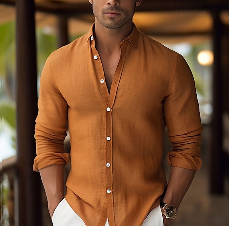 Herren Hemd Leinenhemd Sommerhemd Strandbekleidung Knopfhemd Einfach Urlaub Kreuzfahrt Weiß Rosa Blau Orange Langarm Revers Frühling & Sommer Bekleidung 2025 - $23.99 –P1