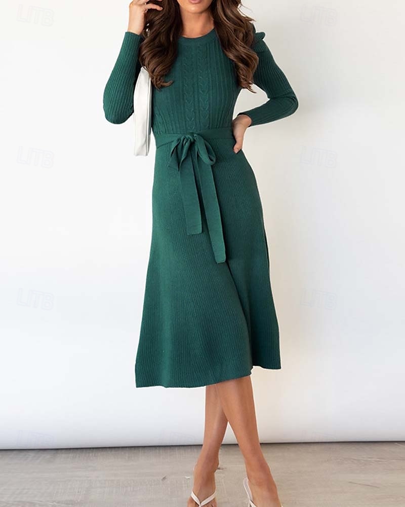 Damen Pullover Kleid Modisch elegante kleider Feste Farbe Gerippt Rundhalsausschnitt Strick Langarm Normale Oberteile Stricken Arbeit Täglich Schwarz Grün Herbst Winter 2025 - $62.99 –P7