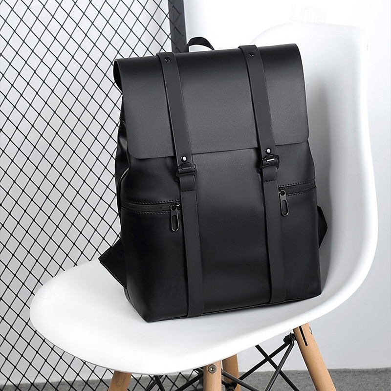 Svart minimalistisk herrryggsäck i konstläder med klaff – elegant vattentät laptopväska för arbete, universitet eller daglig pendling 2025 - $34.99 –P2