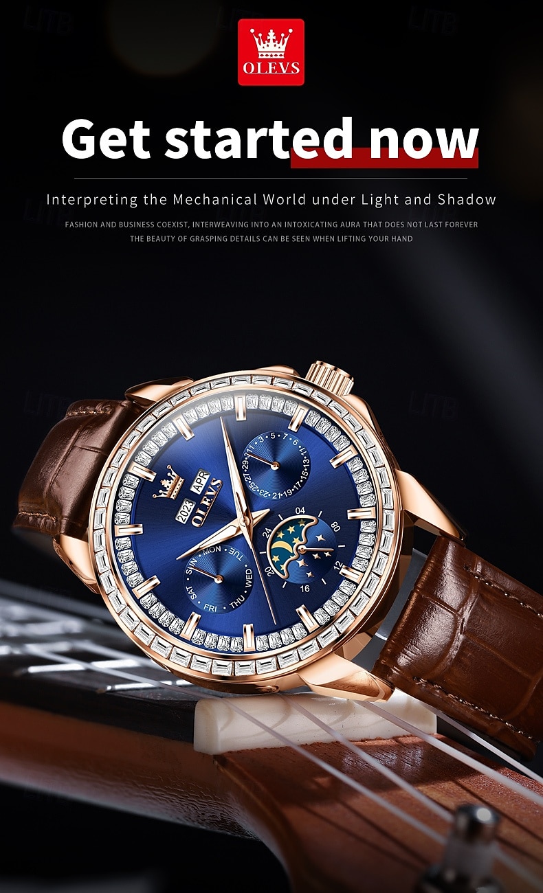 OLEVS Men Mechanical Watch Fashion Business Wristwatch Automatic Self-winding Moon phase Luminous Perpetual Calendar Steel Leather Watch 2025 - $147.99 –P5