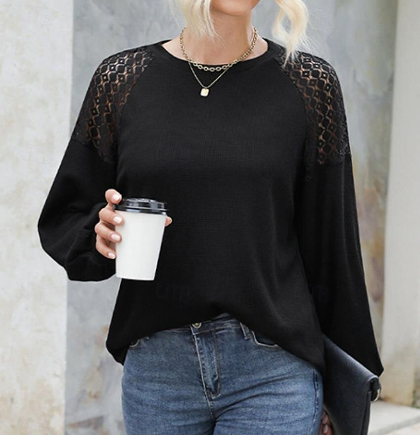 Women's Pullover Elegant Vintage Fashion Plain Work Dailywear Casual Crew Neck Patchwork Loose Fit Long Sleeve Black Brown Green Fall Winter 2025 - $29.99 –P3