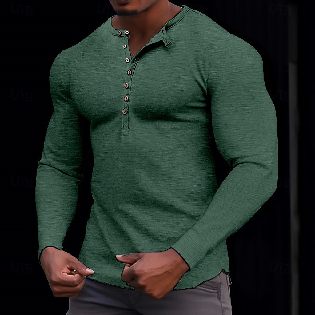 100% bawełniana męska koszulka henley koszulka z długim rękawem koszula z długim rękawem jednolity kolor modny codzienny guziki henley outdoor casual lato ciemnobrązowy wojskowa zieleń ciemnoszary henley t-shirt 2025 - $22.99 –P14