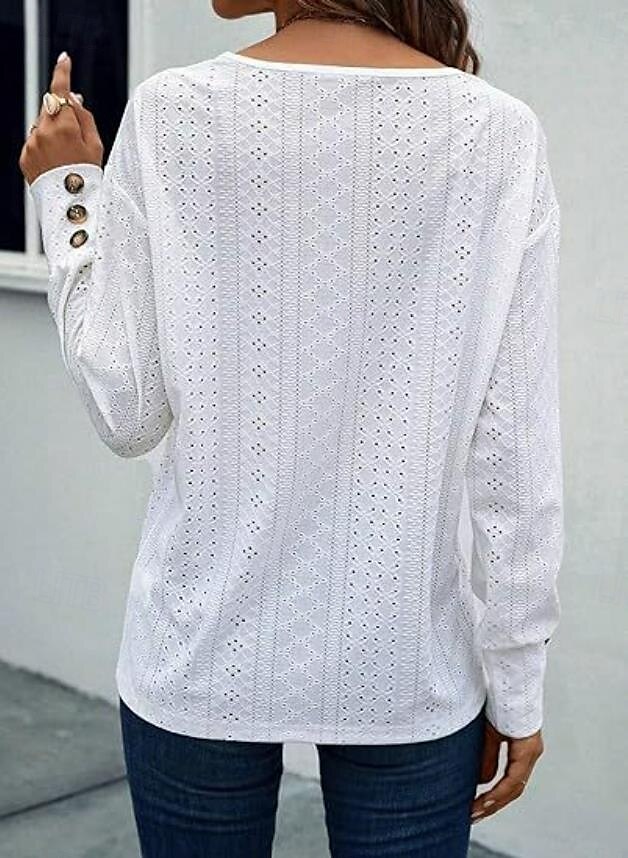 damblus elegant snygg modern ihålig långärmad vanliga toppar v-ringad arbete dagligen svart vit rosa brun vår höst vinter 2025 - $26.99 –P2