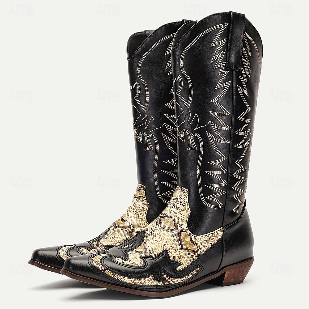 Men's Black and Snake Print Western Cowboy Boots - Exotic Leather with Intricate Embroidery for Rodeo and Casual Wear 2025 - $64.99 –P5