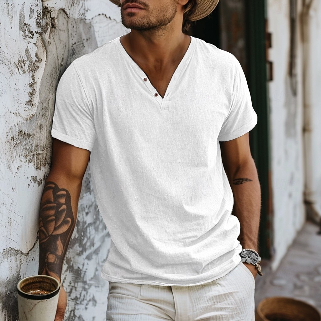 رجالي قميص هينلي تي الأعلى كم قصير سهل موضة مصمم أساسي V-neck V رقبة عطلة شارع مناسب للخارج الصيف أزرق فاتح أسود أبيض تي شيرت هنلي 2025 - $15.49 –P8