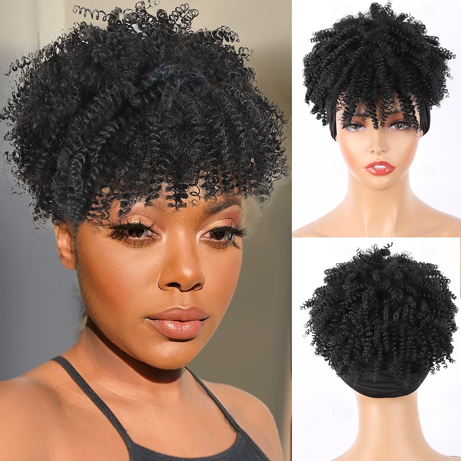 parrucca afro riccia crespa fascia parrucche afro corte per donne nere parrucca sintetica riccia crespa fascia con frangia per donne parrucca afro naturale con frangia turbante avvolgente del 2025 a $19.99 –P1