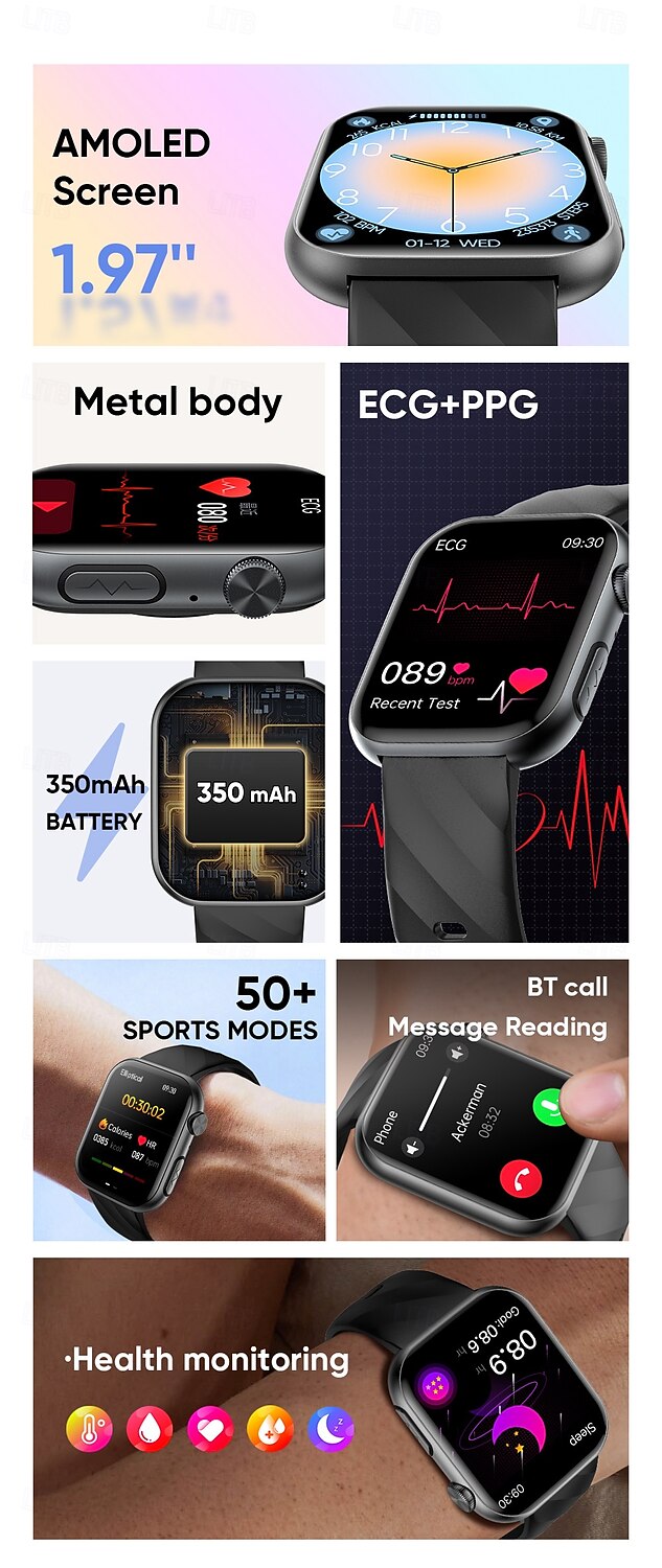 696 MT500 Умные часы 1.97 дюймовый Умный браслет Bluetooth ЭКГ + PPG Контроль температуры Педометр Совместим с Android iOS Мужчины Хендс-фри звонки Напоминание о сообщении Контроль камеры IP 67 2025 - $68.99 –P2