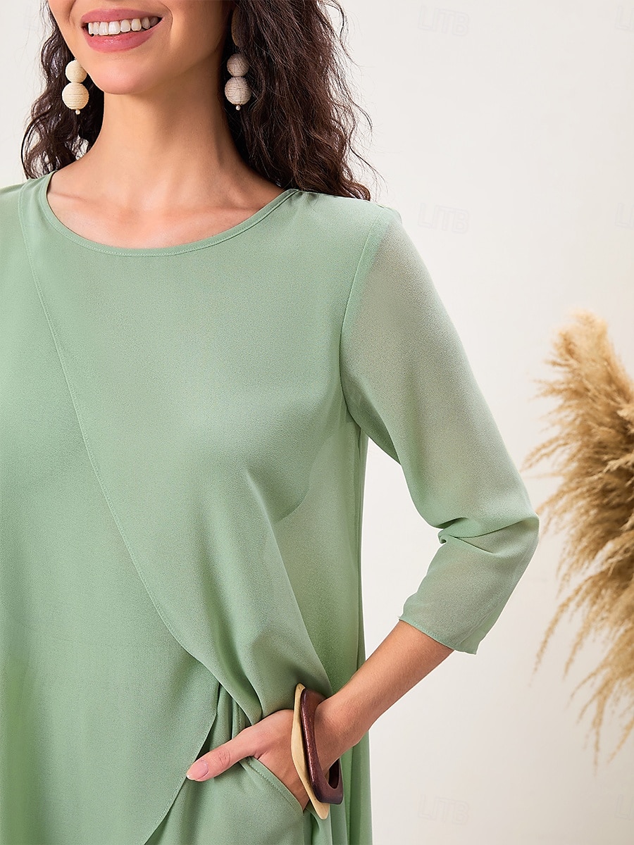 Women's Elegant Stylish Work Slim Solid Color Plain 3/4 Length Sleeve Crew Neck Sage Green Summer Spring Fall 2025 - $56.99 –P6