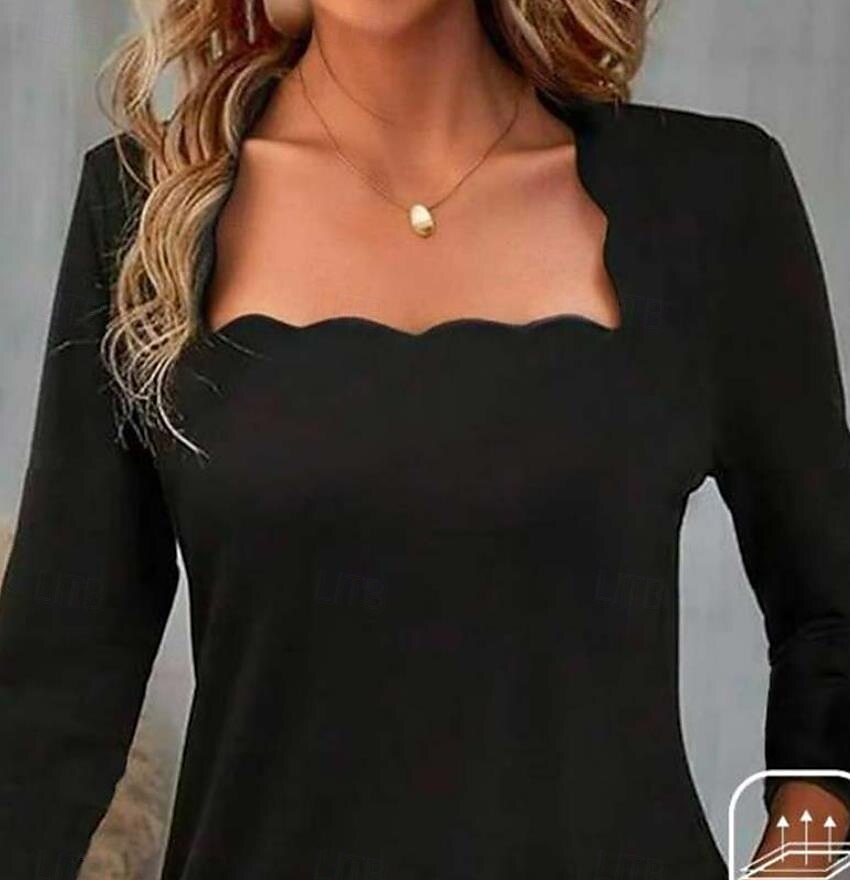 Women's T Shirt Stylish Solid Color Long Sleeve Regular Tops Square Neck Daily Black Spring &  Fall 2025 - $27.99 –P2