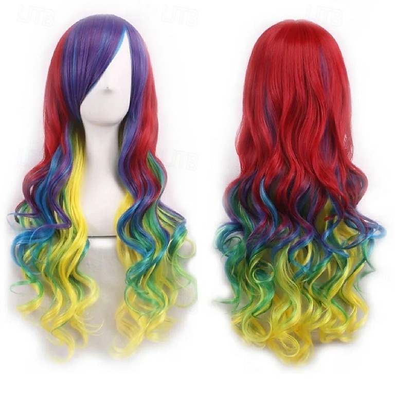 Parrucca ombre arcobaleno in capelli sintetici con frangia rossa gialla viola verde blu per donne nere Festa di Halloween Cosplay del 2025 a $15.99 –P11