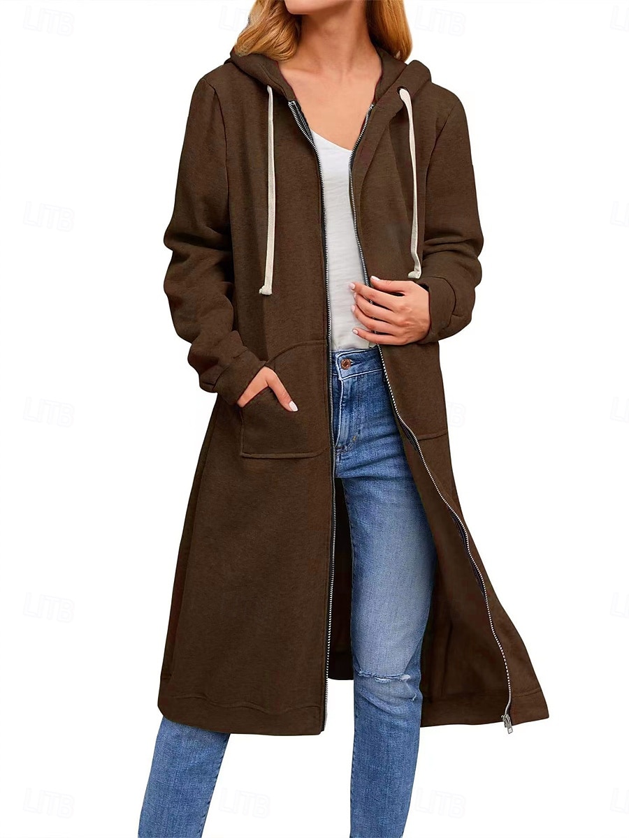 Per donna Giacca con cappuccio Esterno Strada Da tutti i giorni Autunno Inverno Lungo Cappotto Standard Tenere al caldo Traspirante Informale Giacca Manica lunga Tinta unica Con tasche Zip intera del 2025 a $41.99 –P7