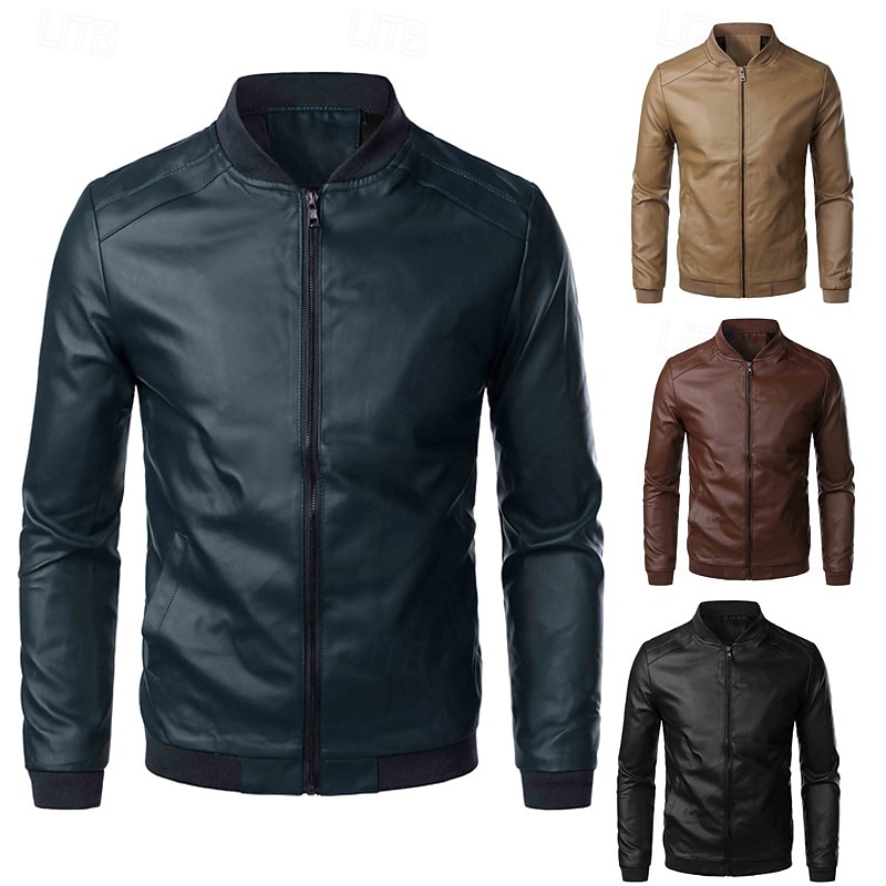 Herren Lederjacke Freizeitjacke Motorrad Jacke Täglich Urlaub Windundurchlässig warm halten Tasche Herbst Winter Glatt Modisch Klassisch Ständer Standard Kunstleder Schwarz Braun Jacken 2025 - $35.99 –P1