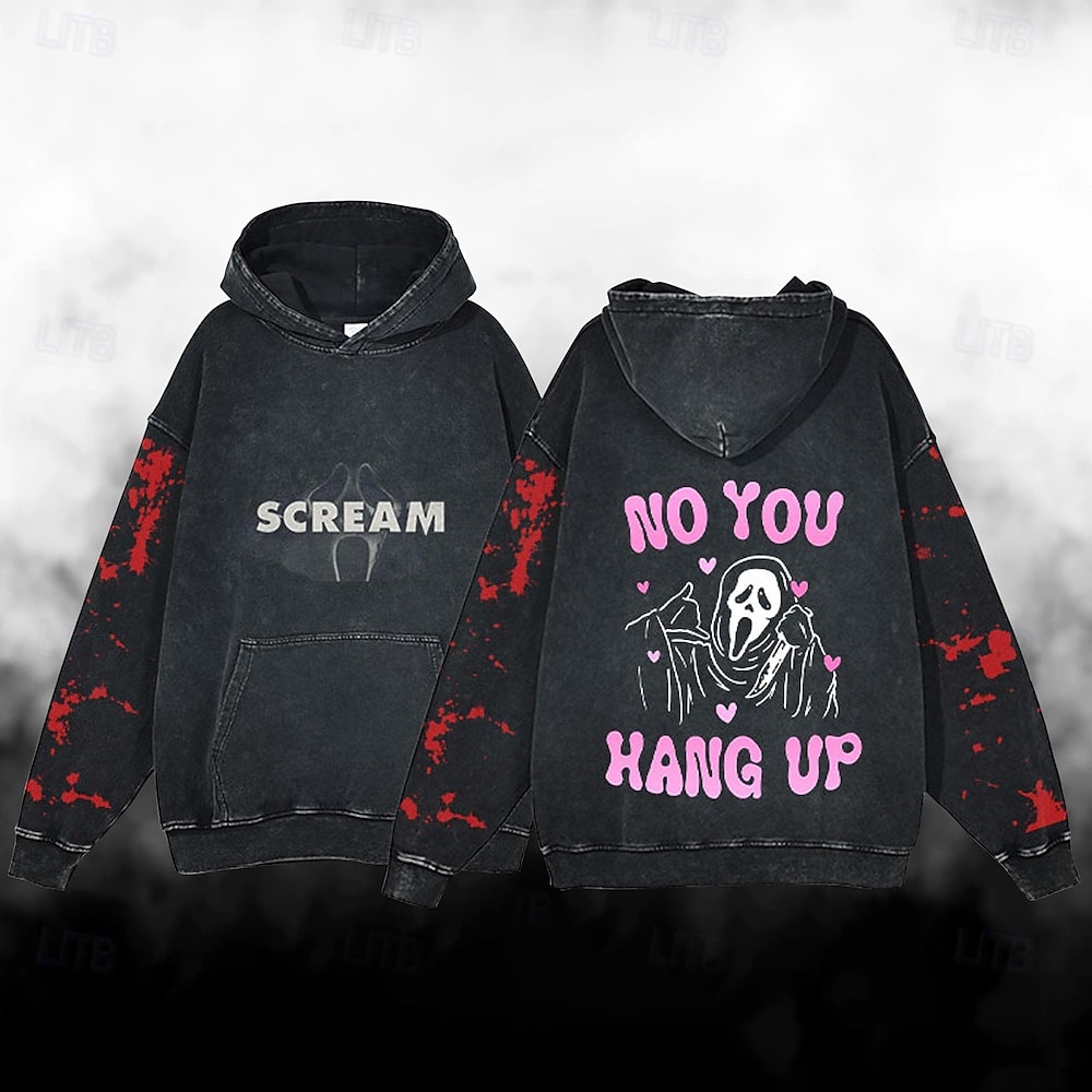 Víspera de Todos los Santos Gritar Cara de fantasma Esqueleto Sudadera Camiseta extragrande lavada con ácido Estampado Bolsillo delantero Gráfico Para Pareja Hombre Mujer Adulto Mascarada Estampado 2025 - $29.99 –P6