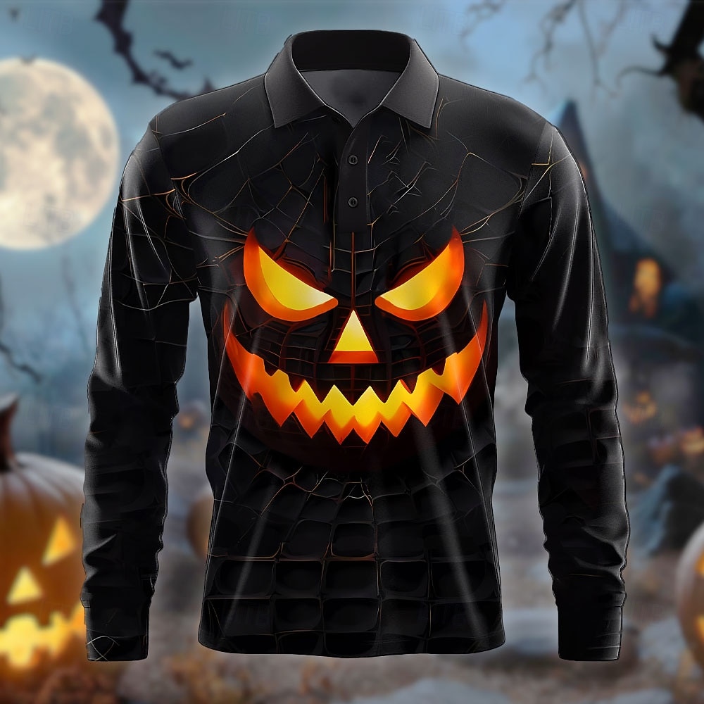 2025年 Halloween カボチャ しかめっ面 ホラー 男性用 ポロシャツ ゴルフポロ 半袖 パーティー 夏 ボタン 3Dプリント カラー ブラック マイクロエラスティック ポリエステル プロミックス  コレクション – $25.99 -P1
