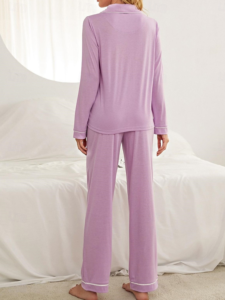 Damen-Pyjama-Sets in reiner Farbe, modisch, Basic-Komfort für zu Hause, tägliches Bett, atmungsaktives Revers, langärmeliges Hemd, Hose, Knopftasche, Herbst-Winter-Home-Outfits 2025 - $35.99 –P6