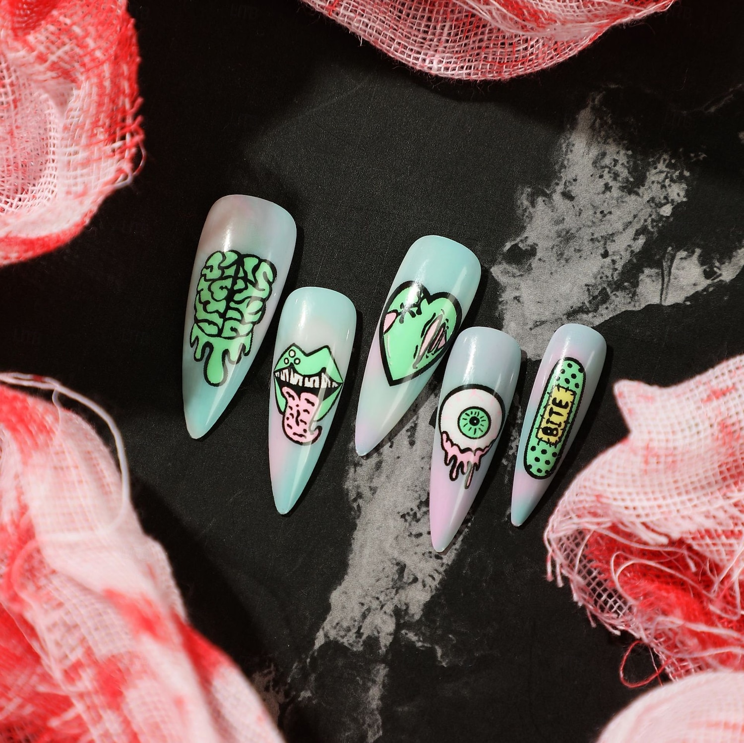 24pcs/set Long Starry Sky Gradient Green Heart, Eye, Mouth  Halloween  False Nail Tip Press on 2025 - $13.49 –P2