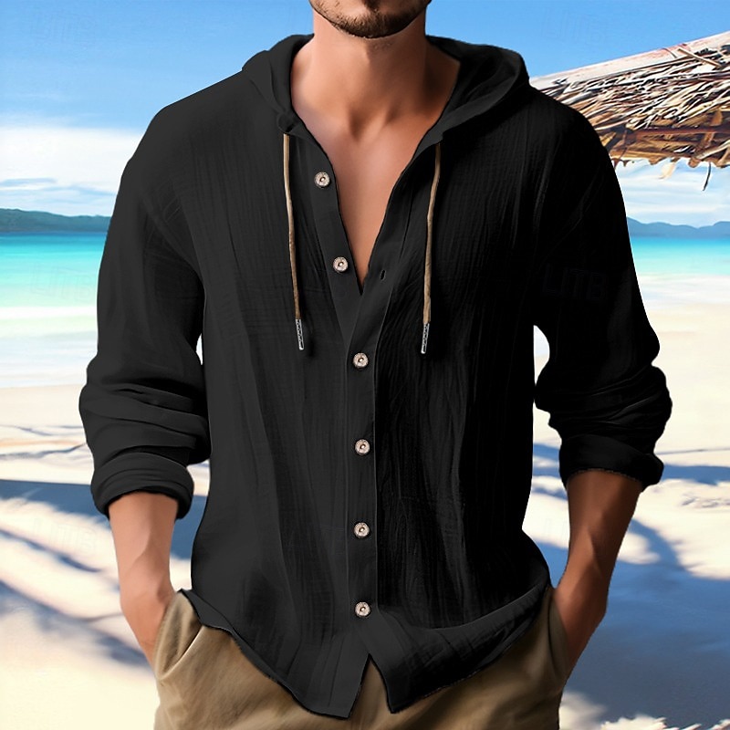 Men's Shirt Linen Shirt Calico Shirt Beach Wear Button Up Shirt Hooded Shirt Plain Casual Daily Black White Blue Green Long Sleeve Hooded Spring & Summer Clothing Apparel Buttons 2025 - $31.99 –P9