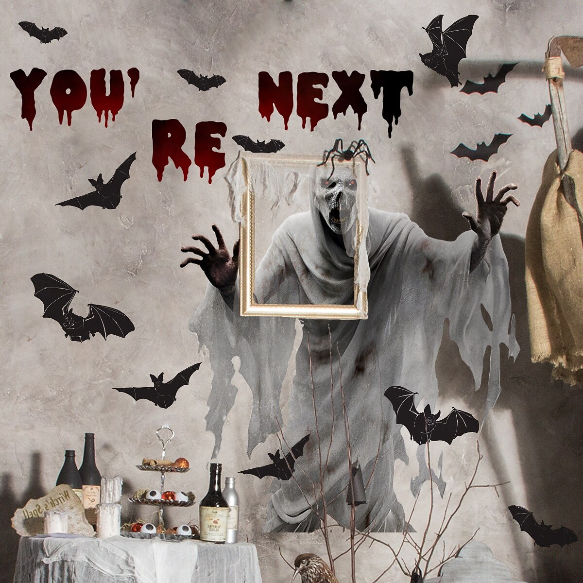 decalques de parede de morcego fantasma branco de esqueleto assustador com texto em inglês decorações de terror autoadesivas de 2025 por $16.99 –P1