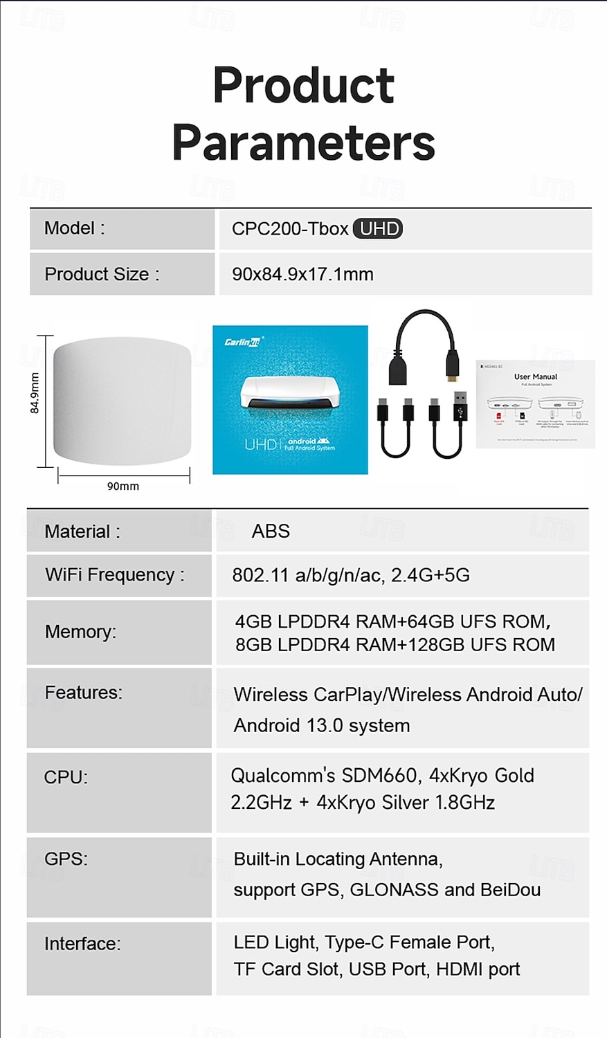 2025年 Carlinkit SP-TBOX-218HDEAU-OVA-BW いいえ画面ません（APPで出力） 1 Din アンドロイド ワイヤレスCarplay Bluetooth内蔵 プラグアンドプレイ 画面を分割 のために ユニバーサル  コレクション – $439.99 –P11