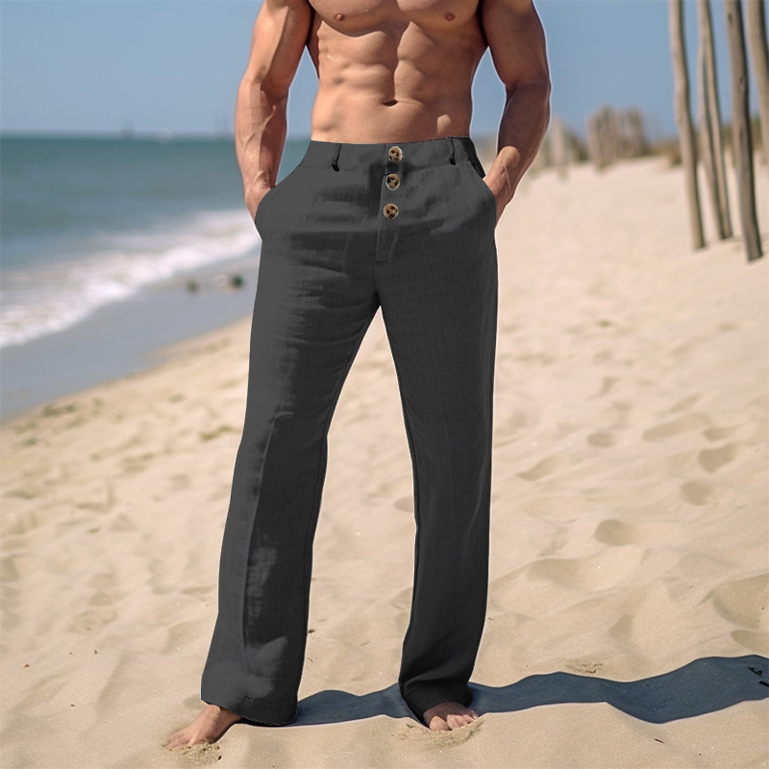 Męskie Lniane spodnie Spodnie Letnie spodnie Spodnie plażowe Przednia kieszeń Prosta noga Równina Komfort Oddychający Codzienny Święto Moda Podstawowy Czarny Biały 2026 - $29.99 –P13