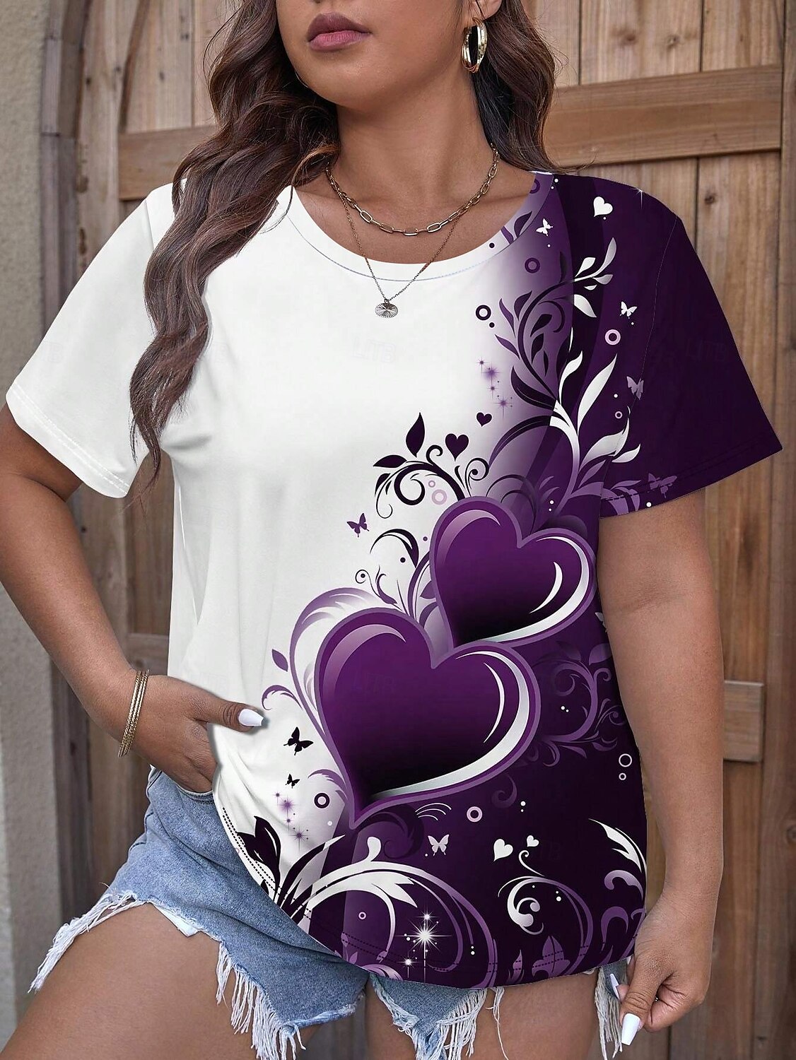 Tricou pentru femei mărime mare topuri tee inimă cu mânecă scurtă guler casual zilnic primăvară toamnă violet 2025 - $19.99 –P3