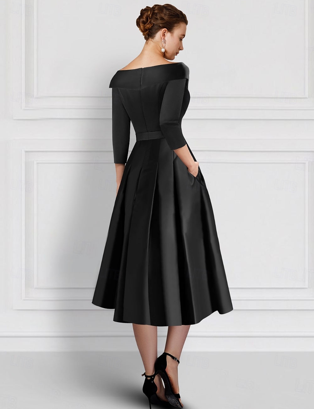 Svart Lilla Brodert A-Linje Cocktailkjoler Smokingkjole Mor til Bruden Elegant Formell Ankellengde 3/4 Lengde Erme Skjortekrage Lomme Satin med Applikasjoner 2025 2025 - $139.99 –P2