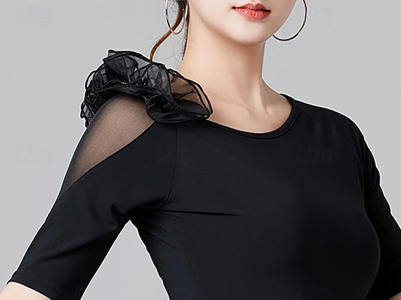Baile Latino Cima Color Puro Volante Corte Mujer Rendimiento Entrenamiento Manga Corta Cintura Alta Poliéster 2026 - $43.99 –P1