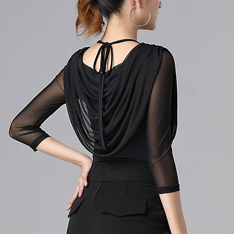 Ballroom Dance Activewear Top Ruffles Pure Color Splicing Women's Performance Training 3/4 Length Sleeve High Nylon 2025 - $30.99 –P2