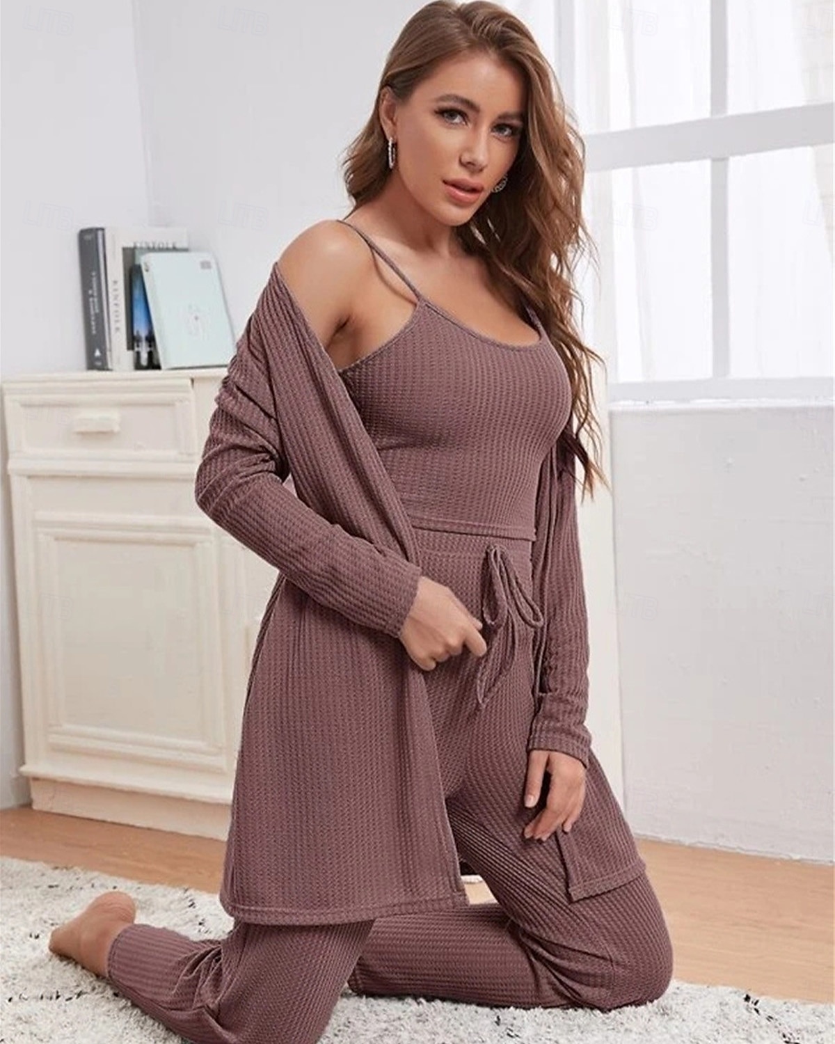 kvinners loungewear sett 3 stykker ren farge tilfeldig komfort hjemme komfort stropper stropp topp bukselomme høst vinter hjemmeantrekk 2025 - $33.99 –P2
