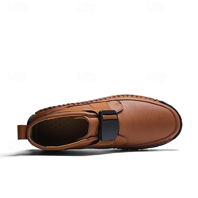 botins masculinos de couro sintético marrom com costura artesanal, tira e fivela para um estilo casual e ao ar livre de 2025 por $54.99 –P3